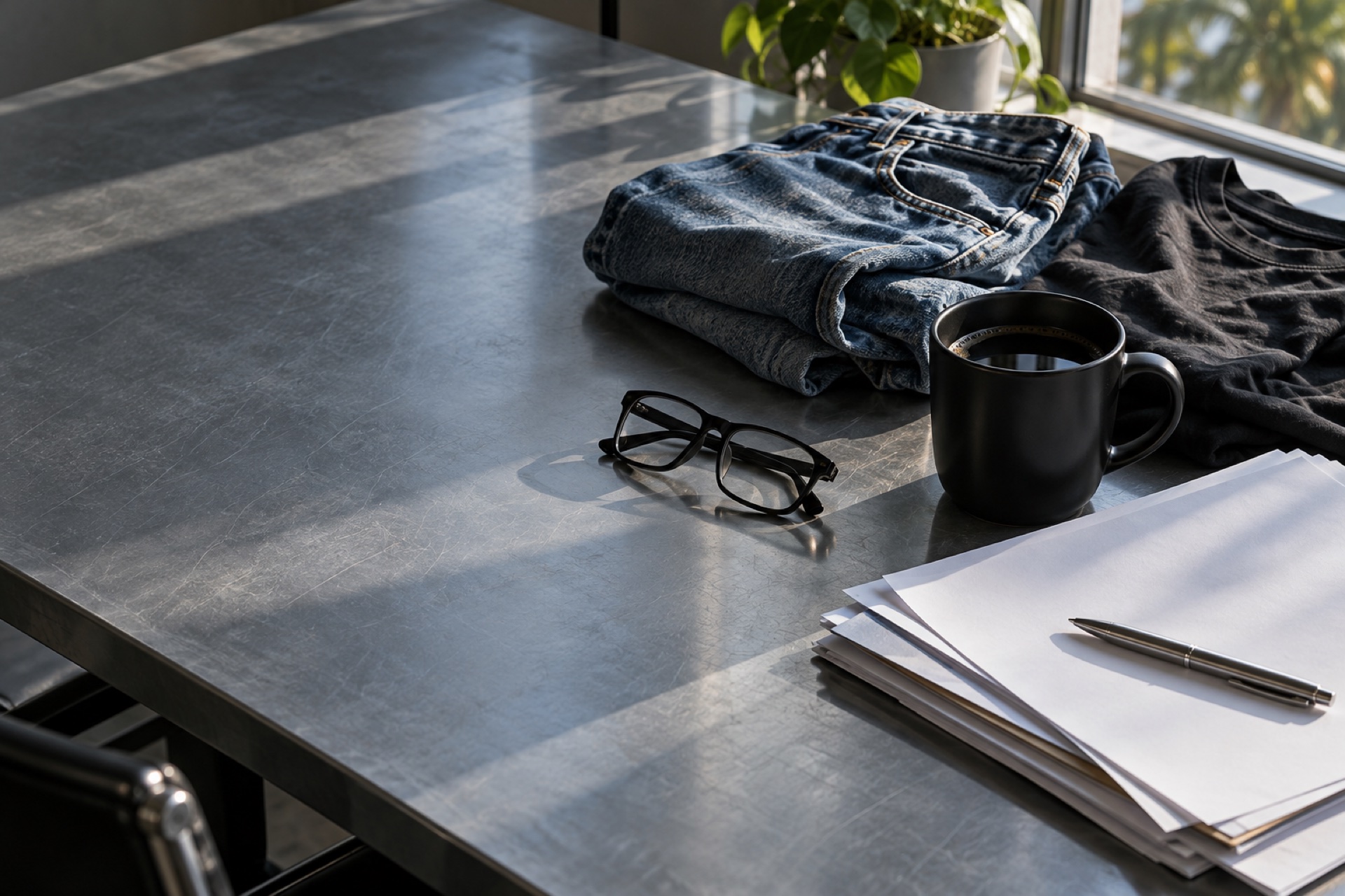 Faded jeans, a black T-shirt, reading glasses, coffee, and paperwork on a steel table